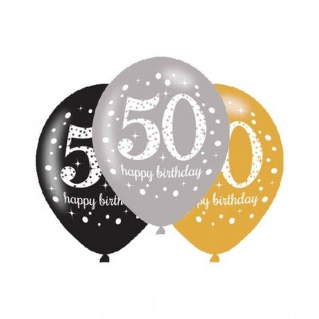 6 luftballon silber schwarz und gold 50th